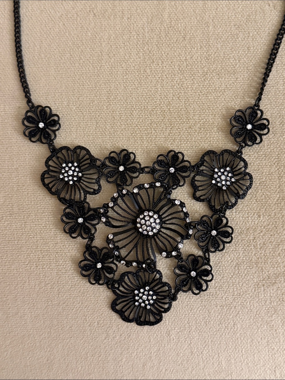Black Floral Statement Necklace with Crystal Accents - Picture 3 of 7